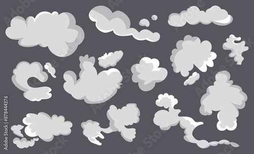 Cartoon smoke cloud collection. Set of smoke effects template. Cartoon steam clouds, puff, mist, fog in a flat design