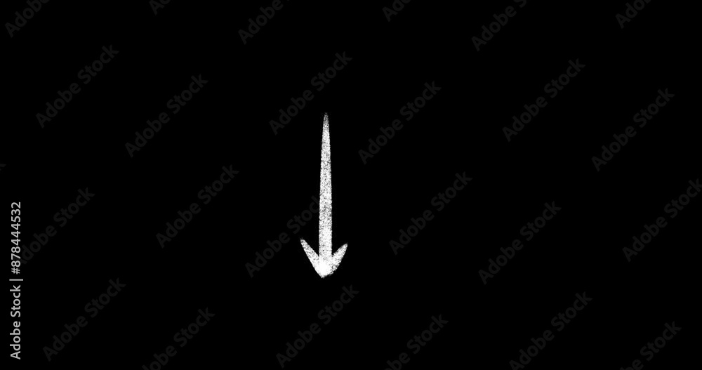 Hand Drawn White Arrow Pointing Downwards on Transparent Background. Alpha channel. Low Rate Animation. Pencil Style