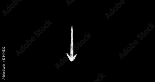 Hand Drawn White Arrow Pointing Downwards on Transparent Background. Alpha channel. Low Rate Animation. Pencil Style