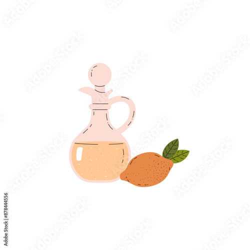 Vector illustration of lemon vinegar in a glass jug with fresh lemon next to it.