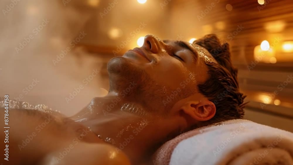 A man lying on a bench in a sauna, relaxing and enjoying the warmth. Steam rising around. Modern Wellness Spa Relaxation, Thermal therapy