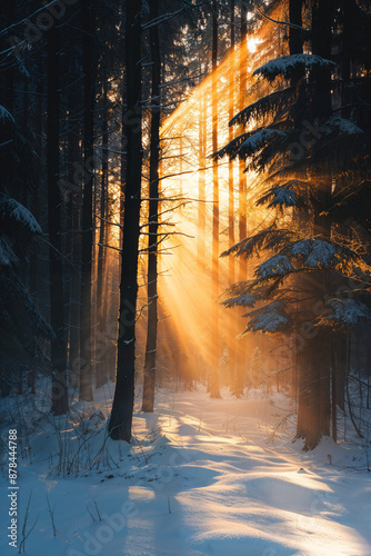 Sun shining through pine trees in winter