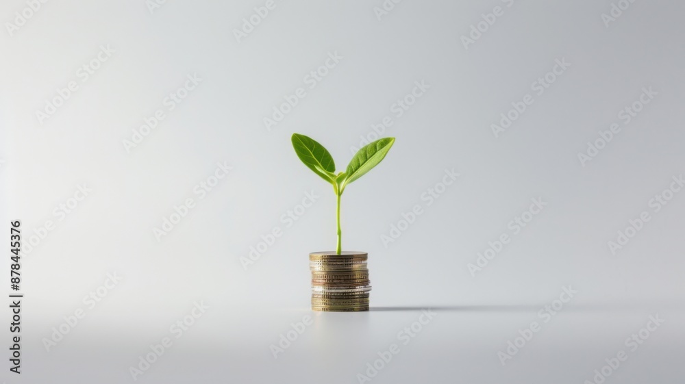 A small green plant growing on a stack of coins, symbolizing financial growth, investment, and sustainability on a light background.
