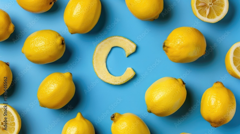 Ripe yellow lemons with the letter C from above on a blue backdrop Ripe yellow lemons with the letter C from above on a blue backdrop