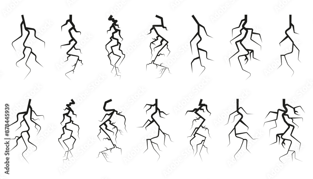 Power lightning icon collection. Set of lightning silhouettes. Black cracked glass, wall, ground Power lightning icon collection. Set of lightning silhouettes. Black cracked glass, wall, ground