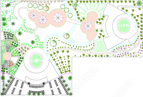 Vector silhouette illustration sketch, detailed design of city playground landscape site plan layout plan