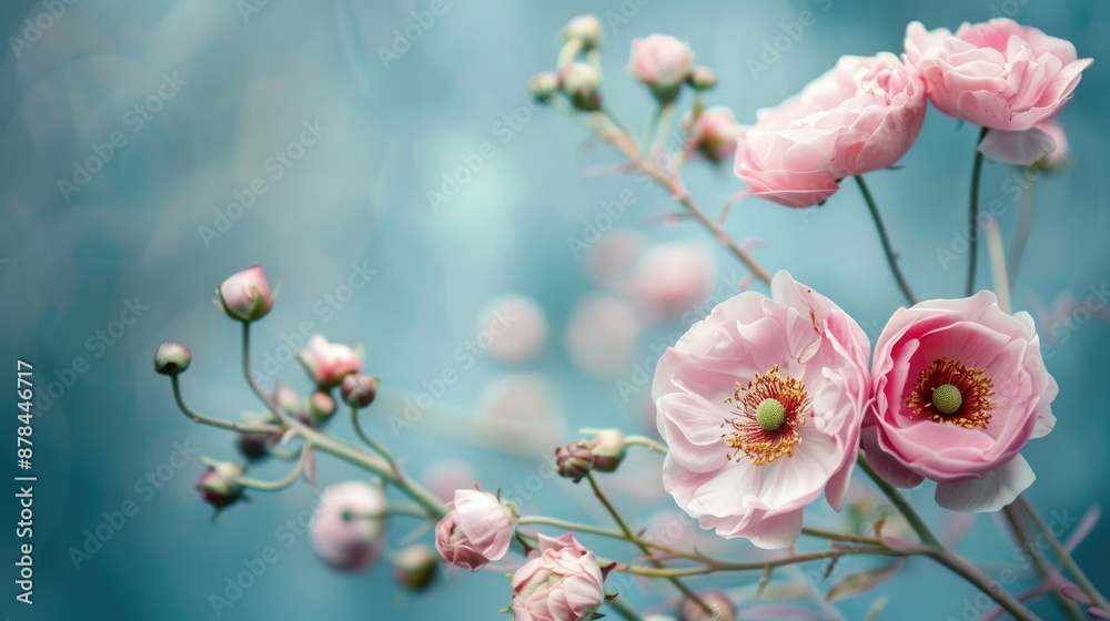 Blue background with voluminous pink flowers, delicate and vibrant floral arrangement Blue background with voluminous pink flowers, delicate and vibrant floral arrangement