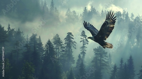 Eagle Soaring Through Foggy Forest