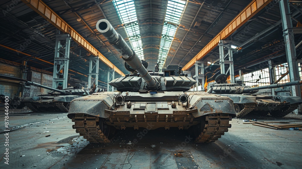 A tank is parked in a factory warehouse, serving as a fixture A tank is parked in a factory warehouse, serving as a fixture