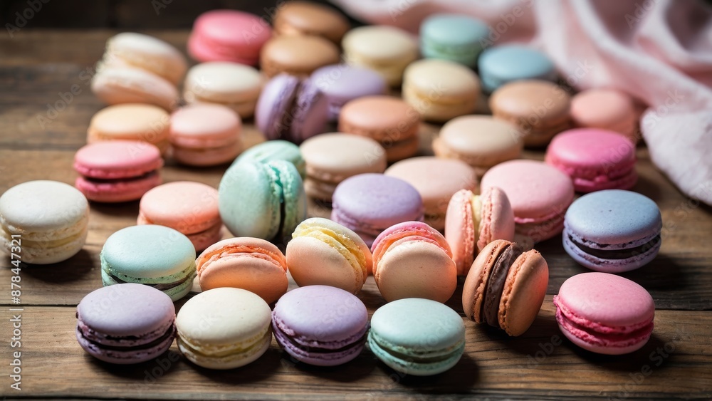 Obraz premium Variety of pastel-colored macarons arranged on wooden table