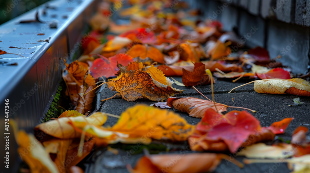 Vibrant autumn leaves on pavement near a metal edge, close-up view Vibrant autumn leaves on pavement near a metal edge, close-up view