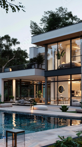 Wallpaper Mural Modern luxury villa with floor-to-ceiling windows, stylish outdoor furniture, and a pristine swimming pool surrounded by lush greenery at sunset Torontodigital.ca