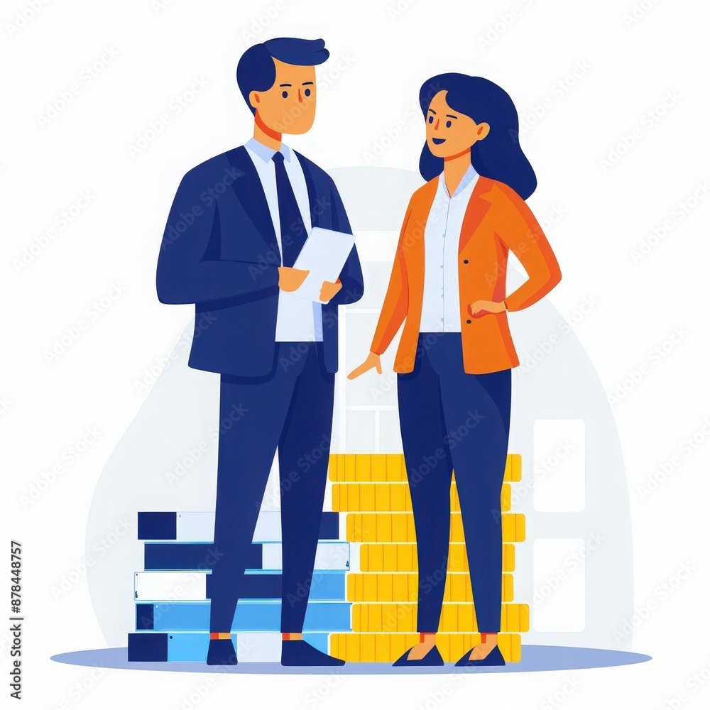 Business professionals discussing financial data, standing with documents. Illustration of corporate meeting and teamwork. Business professionals discussing financial data, standing with documents. Illustration of corporate meeting and teamwork.