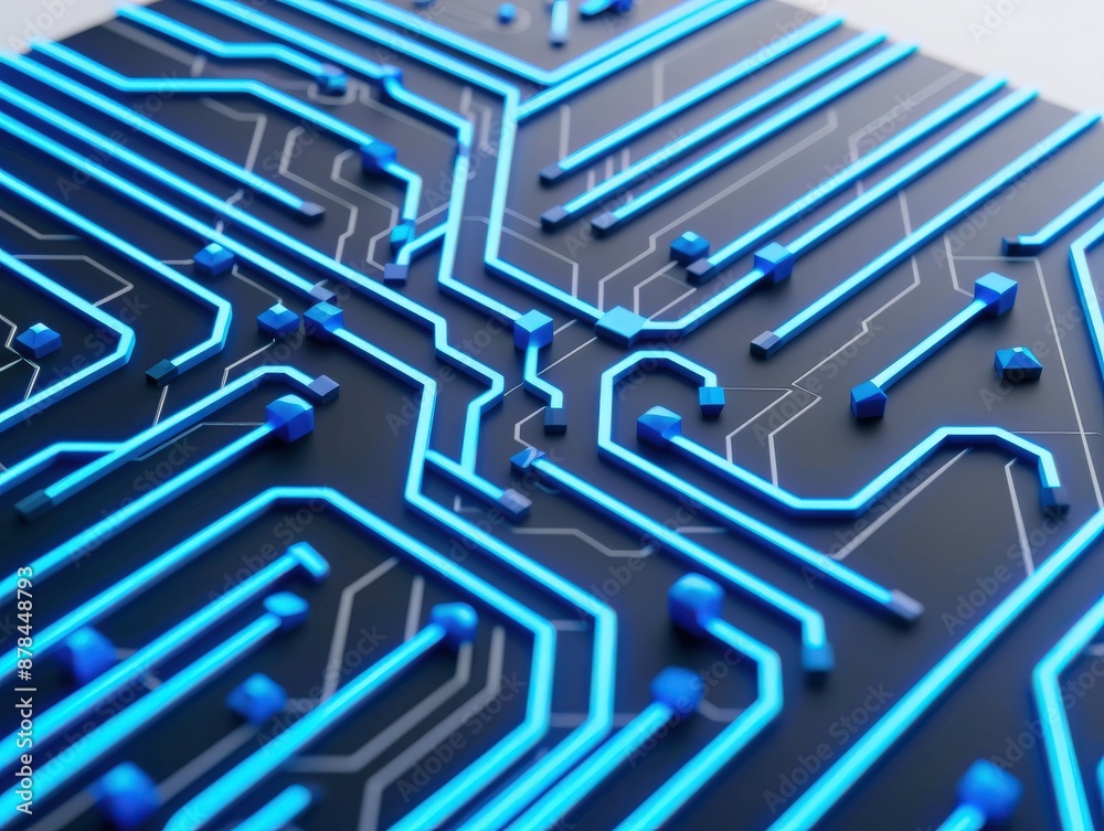 Close-up of a blue glowing circuit board, highlighting intricate electronic pathways and technology connections.