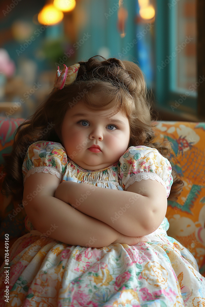 Chubby little girl with folded arms in colorful dress, serene expression, sitting in cozy room, childhood innocence, copy space concept Chubby little girl with folded arms in colorful dress, serene expression, sitting in cozy room, childhood innocence, copy space concept