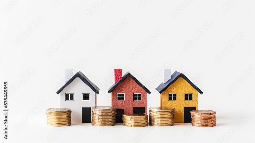 Three colorful miniature houses with piles of coins in front, representing real estate investment, savings, and mortgage concepts. Three colorful miniature houses with piles of coins in front, representing real estate investment, savings, and mortgage concepts.
