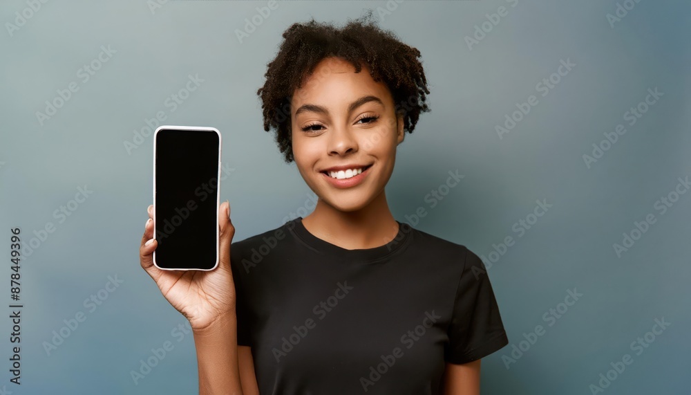 A smiling young woman in a black shirt holds up a smartphone with a blank screen against a plain blue background A smiling young woman in a black shirt holds up a smartphone with a blank screen against a plain blue background