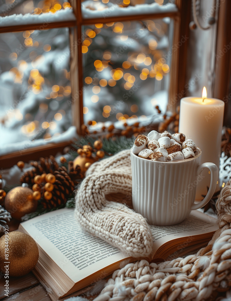 Generative Ai illustration. Cup of hot Chocolate drink with Marshmallows on Christmas background Generative Ai illustration. Cup of hot Chocolate drink with Marshmallows on Christmas background