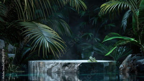 Fototapeta Naklejka Na Ścianę i Meble -  Luxurious natural stone podium with palm leaf and water in jungle setting at night for showcasing products on black background ideal for web banner