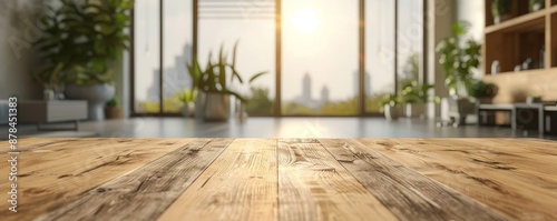 Empty wooden table with modern office theme in background flat design front view 3D render Split-complementary color scheme