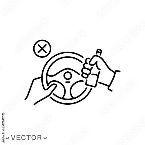stop alcohol in car icon, prohibition drunk driving, don't drink and drive, wine bottle with car wheel, thin line symbol isolated on white background, editable stroke eps 10 vector illustration