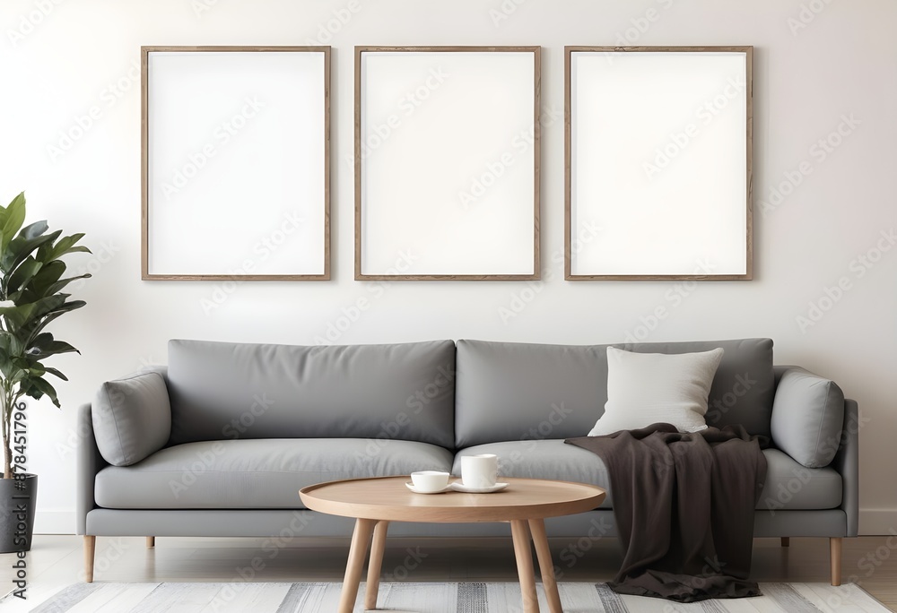 Three empty vertical picture frames in a modern Japanese living room with a grey sofa and minimalist table. Wall art mockup. Generative AI Three empty vertical picture frames in a modern Japanese living room with a grey sofa and minimalist table. Wall art mockup. Generative AI