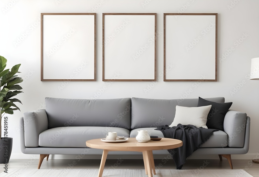 Three empty vertical picture frames in a modern Japanese living room with a grey sofa and minimalist table. Wall art mockup. Generative AI Three empty vertical picture frames in a modern Japanese living room with a grey sofa and minimalist table. Wall art mockup. Generative AI