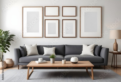 Three empty vertical picture frames in a modern Japanese living room with a grey sofa and minimalist table. Wall art mockup. Generative AI