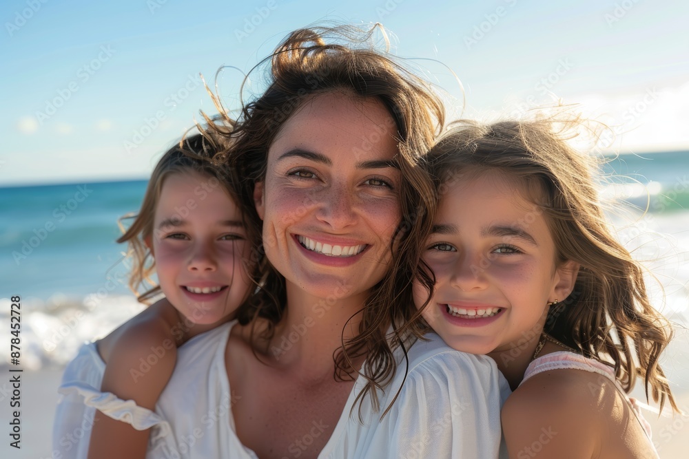 Happy adult and young girls taking beach selfies. Little girls happy and enjoying summer air with foster or adopted mom, grandma, or foster parent. Happy adult and young girls taking beach selfies. Little girls happy and enjoying summer air with foster or adopted mom, grandma, or foster parent.