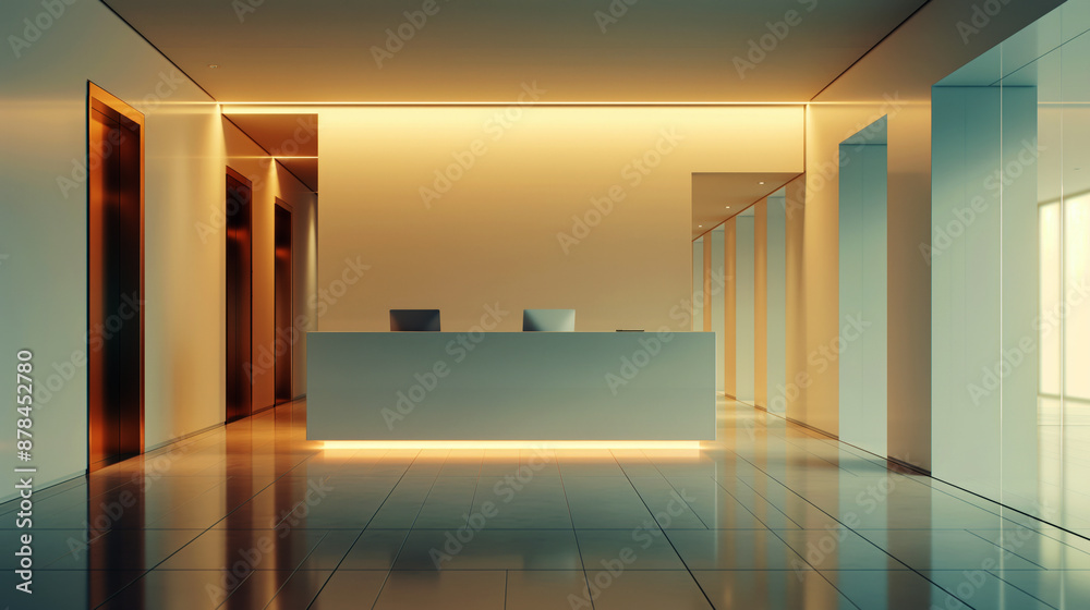 Modern office lobby with sleek minimalist design, featuring reflective floors and soft lighting. Modern office lobby with sleek minimalist design, featuring reflective floors and soft lighting.