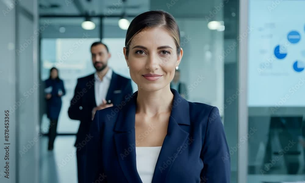 portrait of smiling businesswoman with arms crossed standing at office in background