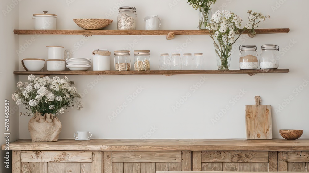 A cozy farmhouse kitchen with rustic wooden shelves and cabinets, adorned with simple ceramic dishes and jars. The open shelves display greenery and provide an inviting, homely atmosphere. A cozy farmhouse kitchen with rustic wooden shelves and cabinets, adorned with simple ceramic dishes and jars. The open shelves display greenery and provide an inviting, homely atmosphere.