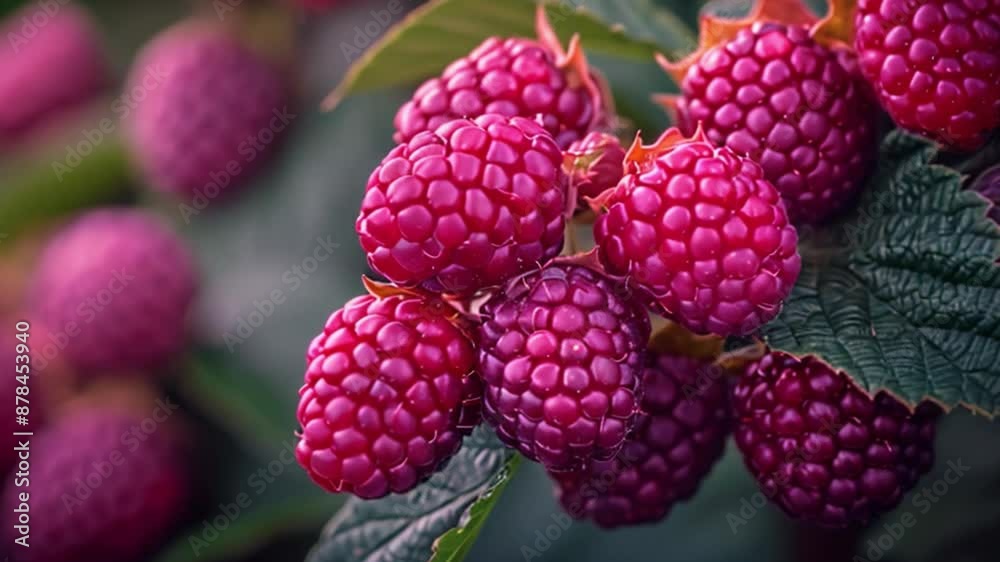 A close-up view of ripe blackberries growing on a bush. A close-up view of ripe blackberries growing on a bush.