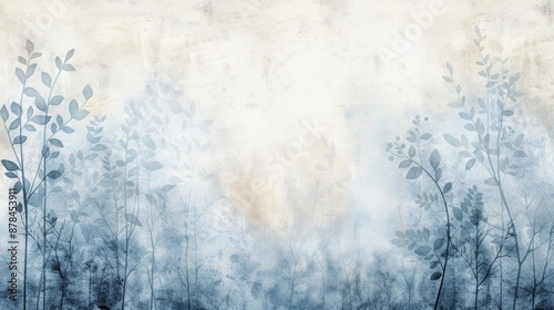 Abstract blue and white watercolor background with soft focus silhouettes of leaves. © tinnakorn