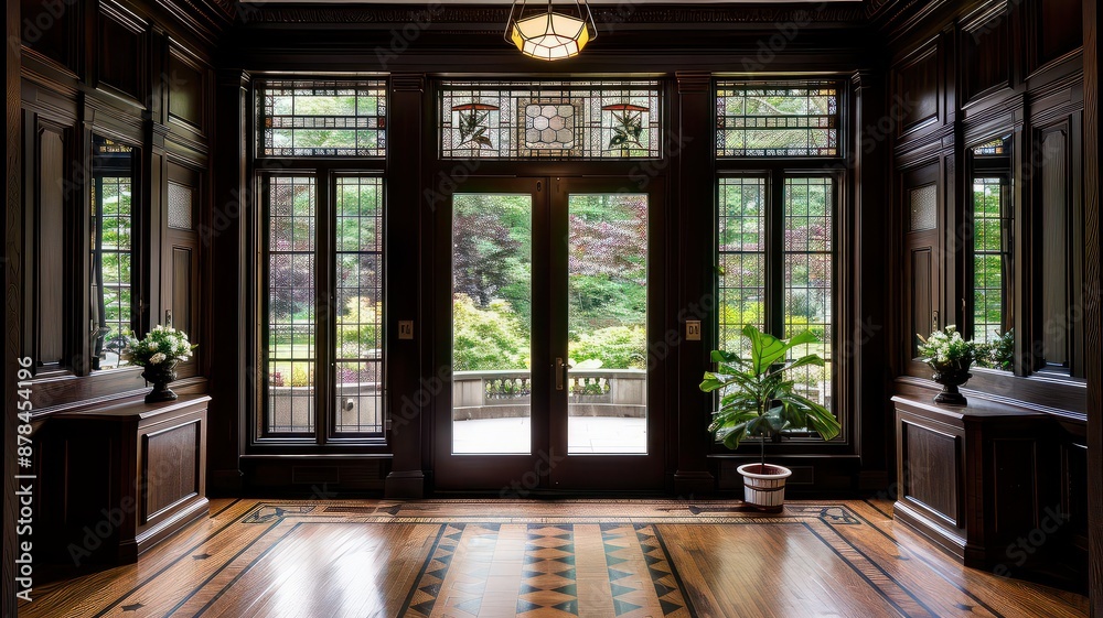 Obraz premium An elegant entryway featuring dark wood paneling, intricate stained glass windows, and a polished hardwood floor. The space is adorned with potted plants and floral arrangements