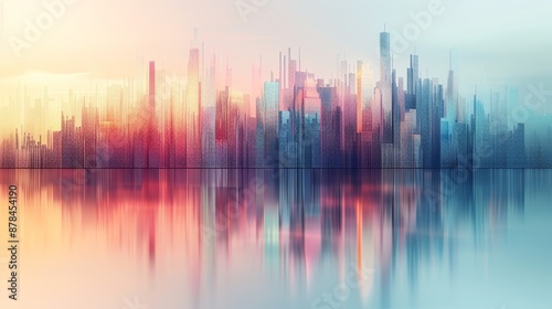 A vibrant, stylized cityscape reflected in a colorful, rippling water surface. The cityscape is silhouetted against a vibrant sunset sky.