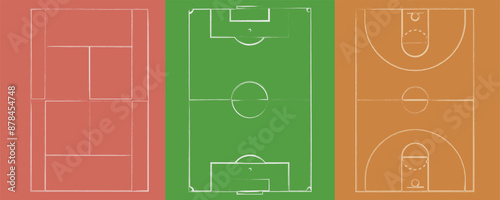 Creative vector illustration of sport game fields marking isolated on background. Graphic, tennis, american football, soccer, basketball,