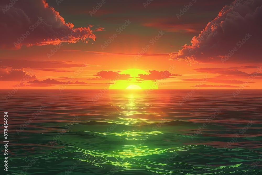 Obraz premium A breathtaking green flash over the ocean at sunset, illuminating the horizon with a mystical glow, realistic style, high detail illustration