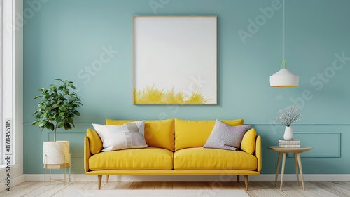 A vibrant living room design featuring a bold yellow sofa with colorful throw pillows, set against a light blue wall adorned with abstract art