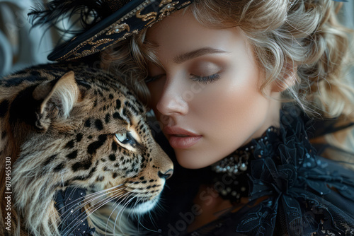 A woman in high fashion with a leopard, highlighting her chic and sensual presence,