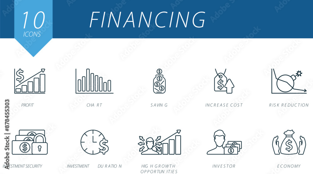 Financing outline icons set. Creative icons: profit, chart, saving, increase cost, risk reduction, investment security, investment duration, high growth opportunities, investor, economy. Financing outline icons set. Creative icons: profit, chart, saving, increase cost, risk reduction, investment security, investment duration, high growth opportunities, investor, economy.