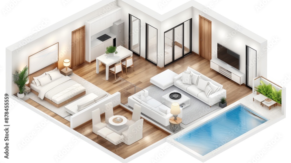 Isometric view of a modern apartment with a pool. The living room, dining area, bedroom, and bathroom are visible. Isometric view of a modern apartment with a pool. The living room, dining area, bedroom, and bathroom are visible.