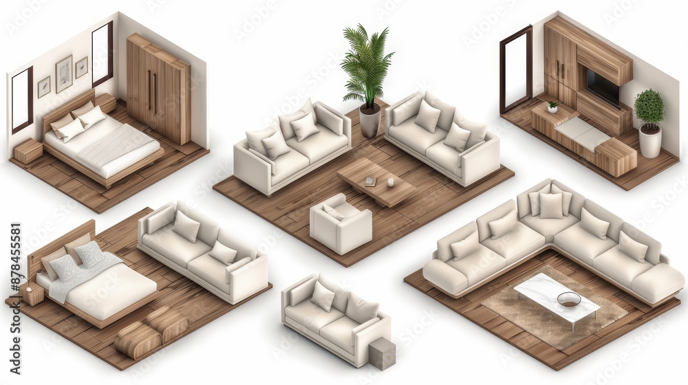 Isometric view of a modern living room and bedroom with white furniture and wooden floors. Isometric view of a modern living room and bedroom with white furniture and wooden floors.