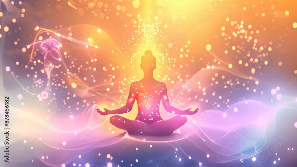 A person is sitting in a lotus position in a colorful background A person is sitting in a lotus position in a colorful background
