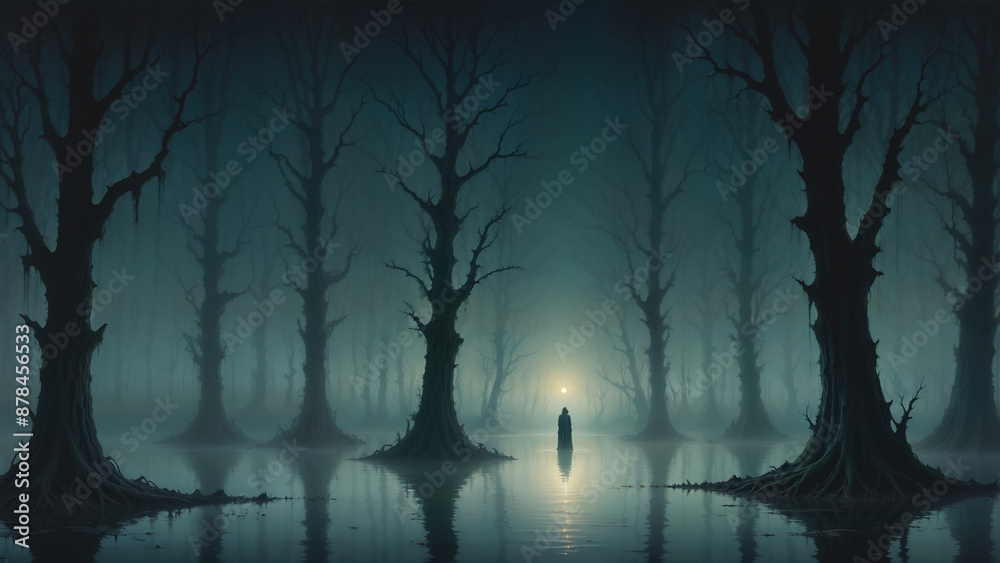 Obraz premium Haunting, gothic landscape with a lone cloaked figure, shrouded in darkness, stands at the edge of a misty lake's eerie stillness, surrounded by towering trees, facing the twilight full moon glow.