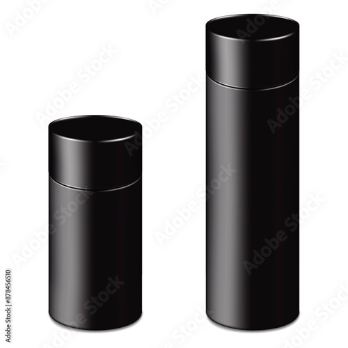 Black tall tube shaped gift box with round lid isolated on white background. Realistic 3d vector mock-up. Tubular cylinder case packaging. Mockup. Template for design