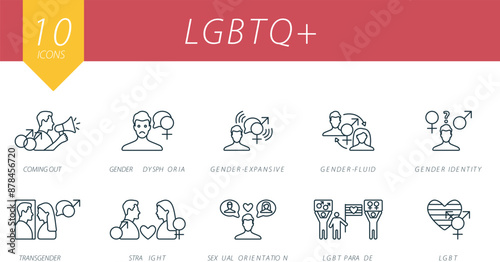 LGBTQ plus icons outline icons set. Creative icons: coming out, gender dysphoria, gender-expansive, gender-fluid, gender identity, transgender, straight, sexual orientation, lgbt parade, lgbt.