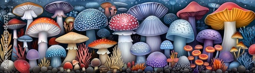 Colorful mushrooms in a fantasy forest.