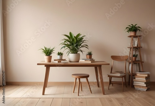 Dining room interior with wood table in rustic style. Neutral sage green empty blank wall. Background for mockup. Generative AI © Sharif54