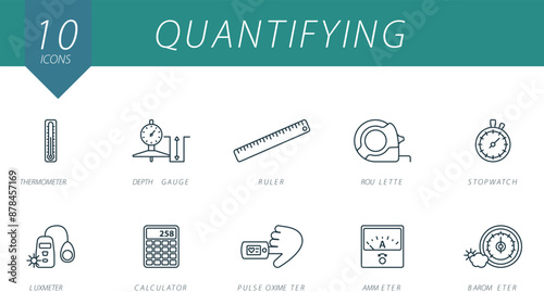 Quantifying outline icons set. Creative icons: thermometer, depth gauge, ruler, roulette, stopwatch, luxmeter, calculator, pulse oximeter, ammeter, barometer.